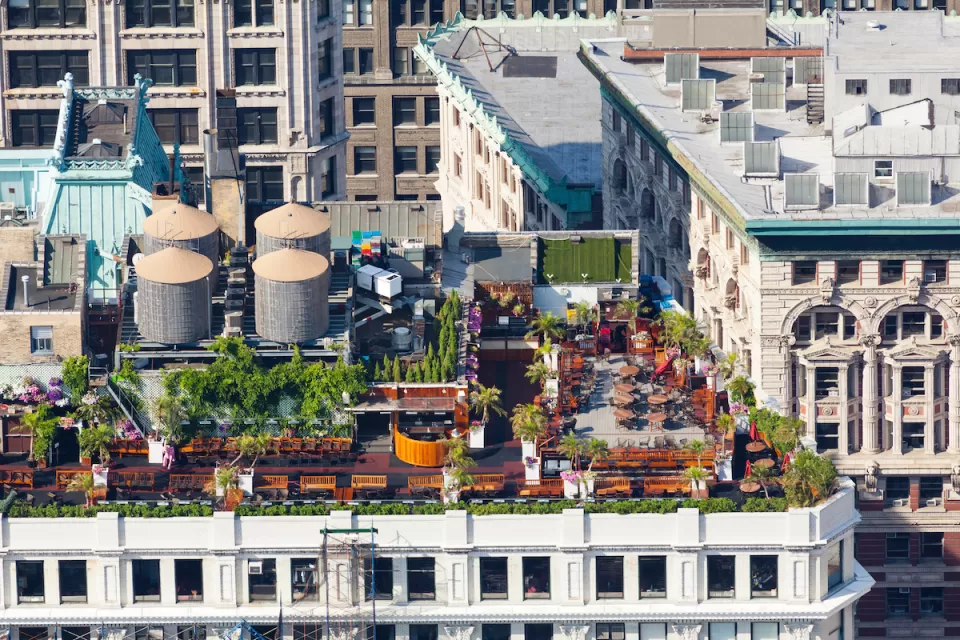 Aerial view of rooftop garden in New York City.
